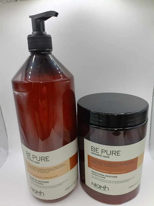 Be Pure Restorative shampoo and Restorative mask for damaged hair 1L Duos - Made in Italy